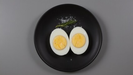 Overhead view of two halves of a hard-boiled egg on a black plate, studio shot.