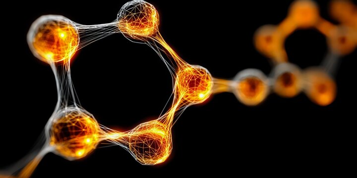 Series of glowing spheres are arranged in a hexagonal pattern. The spheres are illuminated