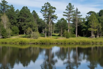 Fototapeta premium Ponderosa Pines reflected in calm lake at sunrise in Arizona forest