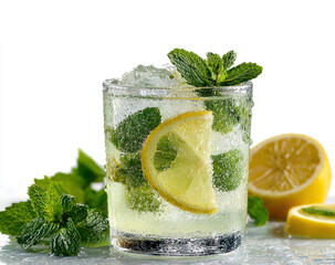 Refreshing beverage in a glass filled with ice, mint leaves, and lemon slices, showcasing vibrant colors and textures, perfect for summer enjoyment and hydration