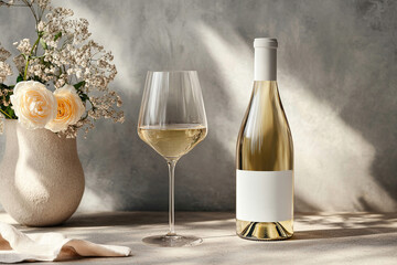 Elegant white wine bottle with blank label beside a filled glass, accompanied by a vase of soft roses, creating a serene and inviting dining atmosphere