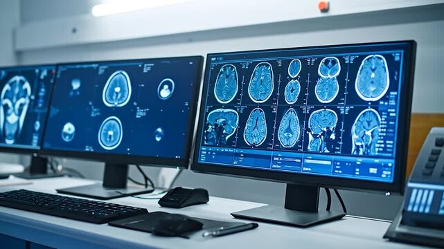 Medical room showcasing multiple computer monitors displaying brain scans and radiology images