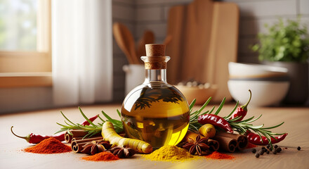 Olive Oil Bottle with Spices and Herbs on Kitchen Counter | Cooking Ingredients Still Life for Culinary Blogs and Recipes