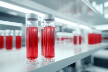 Laboratory glass vials filled with vibrant red liquid are displayed on a clean shelf, showcasing scientific research and experimentation in a modern lab environment