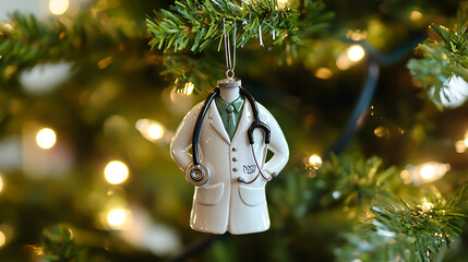 Doctor's white coat Christmas ornament with a stethoscope hanging from a tree.