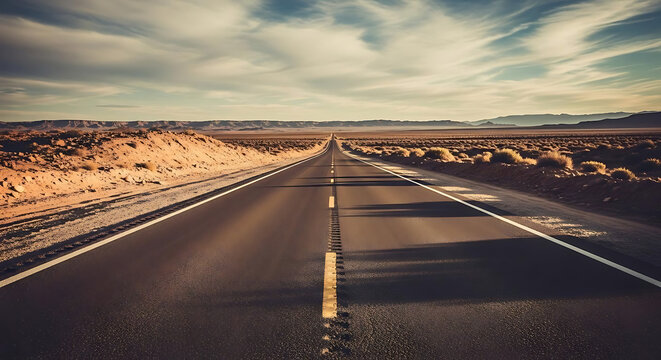 A long asphalt road stretches through a desert landscape under a cloudy sky on a sunny day ai generated
