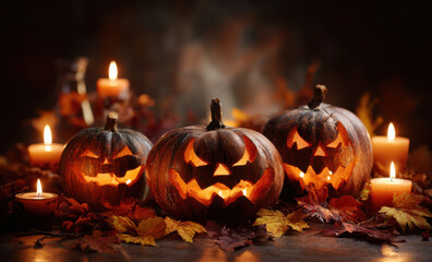 Three carved pumpkins with spooky faces are surrounded by autumn leaves and glowing candles, creating a festive Halloween atmosphere with warm lighting and seasonal decor