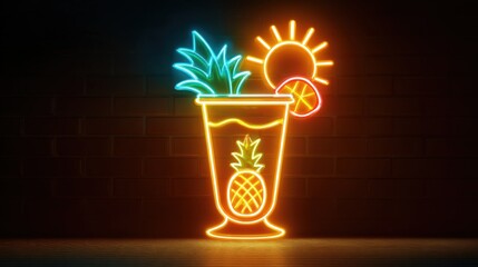 Neon illustration of a tropical cocktail glass featuring a pineapple and citrus slice, glowing against a dark brick wall, evoking a vibrant summer atmosphere and refreshing vibes