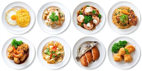 Diverse Array of Delicious Dishes on White Plates for Culinary Display