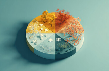 Seasonal cycle illustration showcasing distinct environments representing spring, summer, autumn, and winter, with vibrant colors and textures in a circular design for visual storytelling