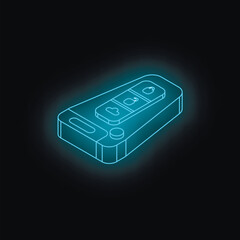 Futuristic glowing blue neon car key remote control isolated on black background, featuring lock, unlock, and trunk release buttons, representing modern vehicle security technology