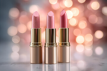 Elegant lipstick collection showcasing gorgeous shades on a blurred sparkling background, perfect for beauty lovers.