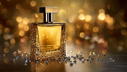 Elegant perfume bottle with sparkling details, capturing luxury and sophistication in a beautifully lit background.