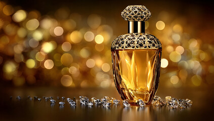 Elegant perfume bottle with shimmering diamonds, perfect for beauty and luxury themes in photography.