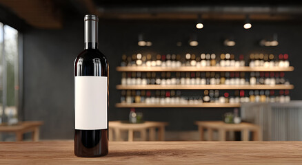 Elegant red wine bottle positioned on a wooden table, showcasing a blank label for customization in a stylish bar.