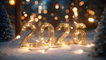 Festive 2026 illuminated with fairy lights, surrounded by snow and trees, creating a magical winter atmosphere.