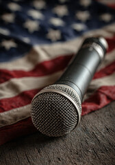 Microphone resting on textured wooden surface, draped with American flag, symbolizing patriotism and the power of voice in music, speech, and expression