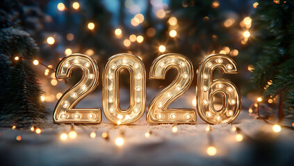 Festive lights illuminate the year 2026, celebrating a bright future filled with hope and joy.