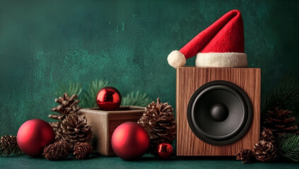 Festive speaker adorned with a Santa hat, red ornaments, and pine cones, creating a cozy holiday atmosphere.