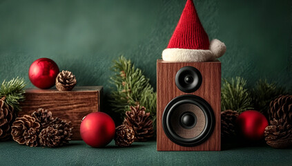 Festive speaker wearing a Santa hat surrounded by ornaments and pine cones, perfect for holiday cheer and celebrations.