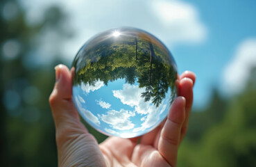 Hand holds crystal globe with nature reflection. Green trees reflect in the sphere. Sky with clouds shows in glass ball. Ecology or travel concept. Focus on clear orb.