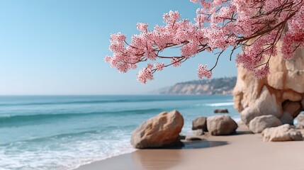 Close up of a flowering branch framing the ocean with a sandy beach and rock formations under a clear blue sky