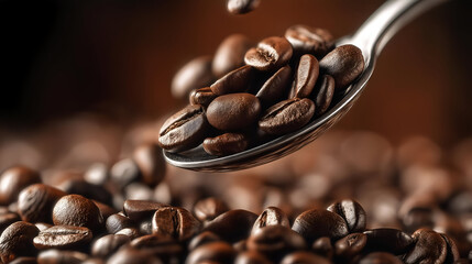 High-resolution close-up of coffee beans spilling from a spoon, showcasing their rich texture and deep color.