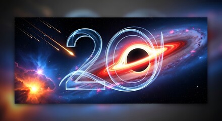 Glowing neon number twenty illuminated against a cosmic galaxy and black hole background with streaking meteors