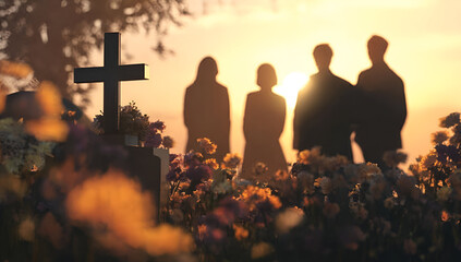 Silhouetted figures stand in a cemetery at sunset, reflecting on life and loss amidst colorful flowers.