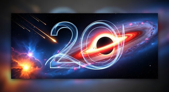 Glowing neon number twenty illuminated against a cosmic galaxy and black hole background with streaking meteors - Powered by Adobe
