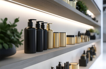 Stylish display of skincare products on shelves with elegant packaging and soft lighting for a modern aesthetic.