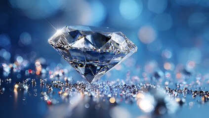 Stunning diamond glistening with reflections, symbolizing luxury, wealth, and elegance against a shimmering blue backdrop.
