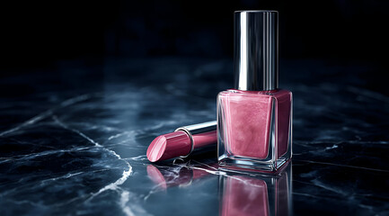 Stylish nail polish and lipstick on a dark marble background, ideal for beauty and cosmetics promotions.