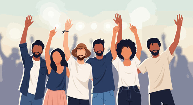 A lively flat design illustration showing a diverse group of people from various backgrounds, happily enjoying a music festival with hands raised.