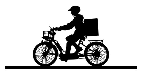 Silhouette of a delivery person riding a three wheeled bicycle with a cargo box