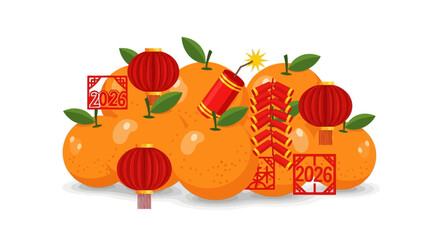 Flat Illustration of Orange Fruit and Festive Element Celebrating Chinese New Year 2026