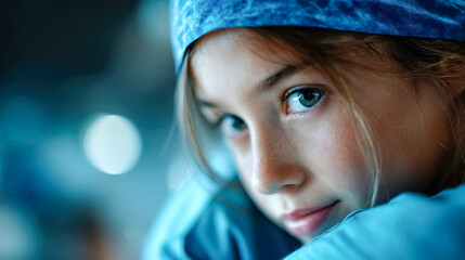 Close-up of a young girl wearing a blue surgical cap, symbolizing inspiration, future dreams, and the spirit of caregiving
