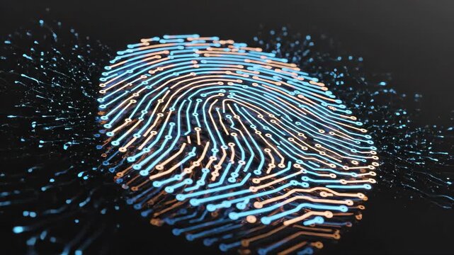Abstract representation of a fingerprint created with a network of glowing circuits in orange and blue colors against a dark background