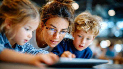 Mother helping two young children use a digital tablet in a bright classroom, symbolizing modern education and family learning