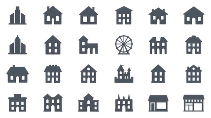 Collection of diverse house and building icons in silhouette style