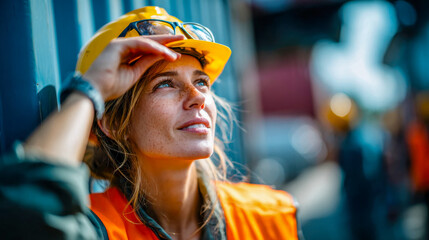 Obraz premium Confident female engineer in a safety helmet and vest, looking upward with determination, symbolizing leadership, construction, and innovation