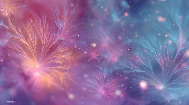 Dreamy cosmic nebula with glowing branches and sparkling stardust background