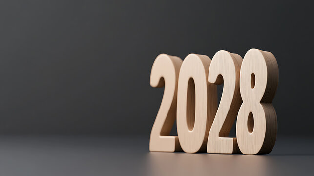 A vision of the future with the year 2028 carved in wood standing prominently against a sleek, contrasting background. The numerals evoke a sense of anticipation. - Powered by Adobe