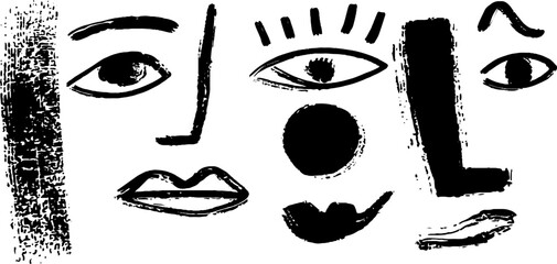 Minimalist abstract black and white doodle faces art set for modern decor