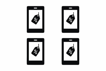 set of Online shopping mobile phone with discount tag silhouette vector illustration, isolated on white background