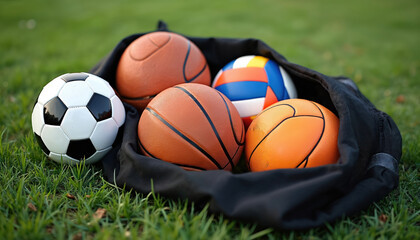 Black bag on green grass contains various sports balls soccer football, basketballs and volleyball. Balls are ready for play and training. Sports equipment is placed outside on the lawn.