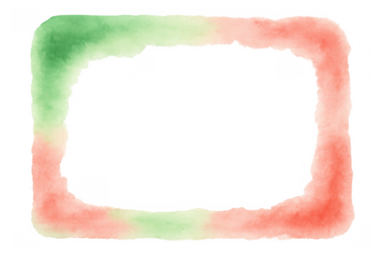 Watercolor rectangular frame forming a border with red and green gradient painting on transparent background