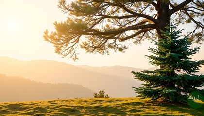 A tranquil scene unfolds with a majestic evergreen standing tall on the right side of the position, its deep emerald needles shimmering subtly under the warm glow of golden sunlight