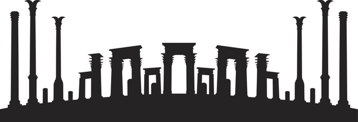 Ancient Persian ruins silhouette with classical columns, historic gateway architecture, Persepolis heritage site vector illustration for cultural and educational use
