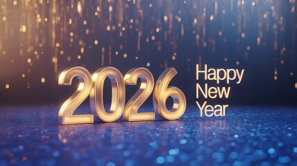 A festive New Year celebration scene for 2026 &mdash;
large golden &lsquo;2026&rsquo; numbers standing on a sparkling blue glitter surface, glowing softly under warm golden light